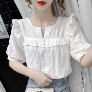 雪紡衫女2025夏季新款時尚木耳邊寬松娃娃領襯衫洋氣顯瘦上衣小衫 顯瘦短袖襯衫 遮肉上衣 大碼女裝