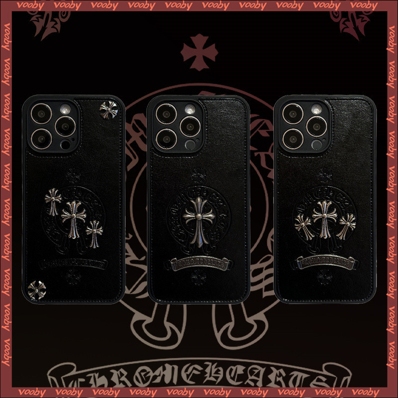 金屬飾品chrome Hearts 暗黑款皮質情侶手機殼適用於IPhone15 15Pro 15ProMax 14Pro