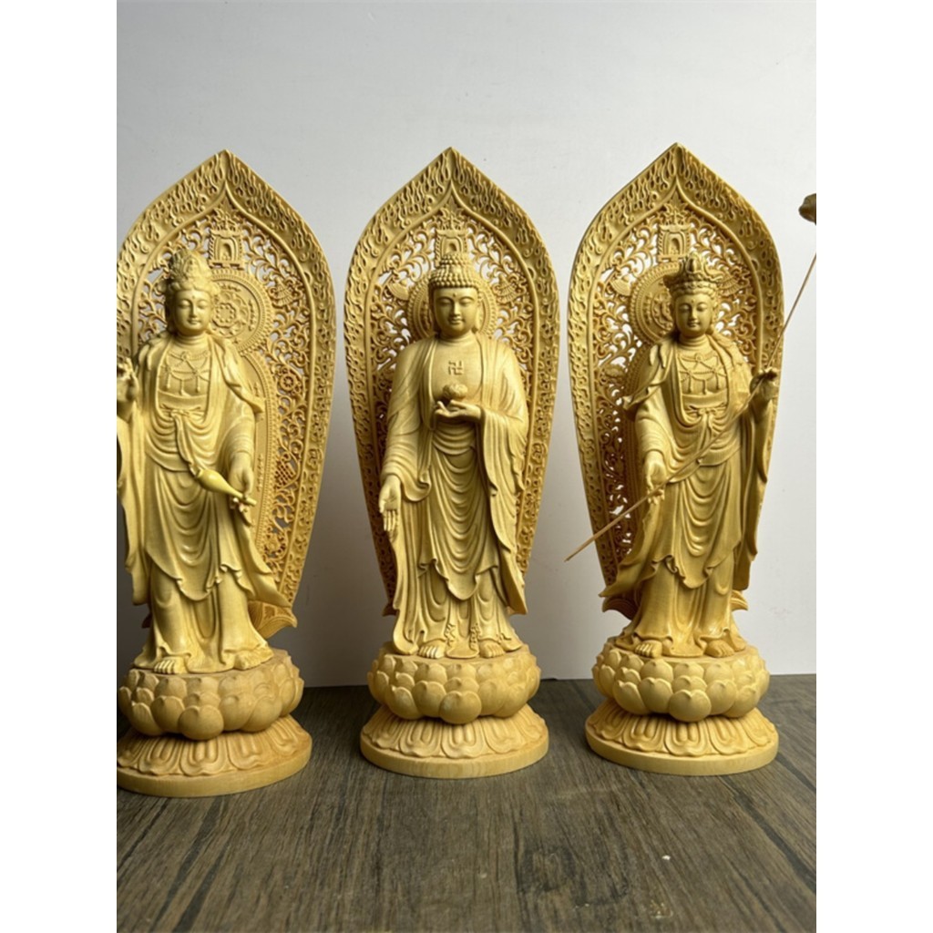 檜木雕帶背光西方三聖阿彌陀佛像大勢至觀音菩薩家用供奉神像擺件 風水供奉 神尊 神像 佛像 佛尊 雕像