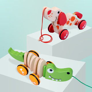 木製動物小狗拖車玩具 兒童玩具車卡通小狗玩具車木製鱷魚拖拉車