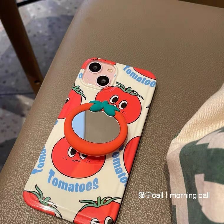 創意可愛小番茄鏡子卡通個性簡約手機殼適用於蘋果13promax全包12錢包手機殼