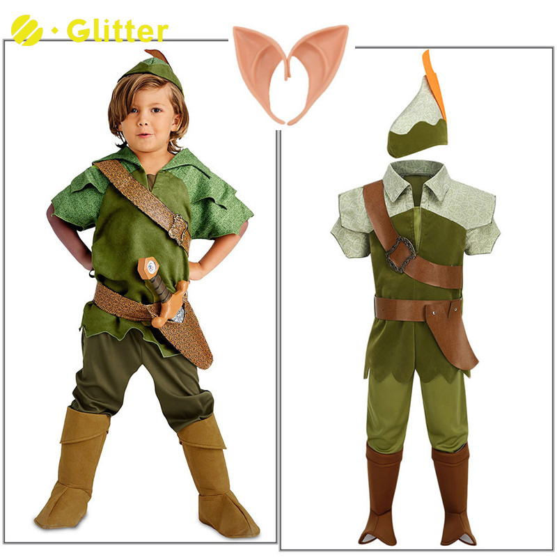 彼得潘角色扮演服裝兒童男孩童話小叮噹精靈羅賓綠色衣服精靈耳朵套裝聖誕節萬聖節服裝