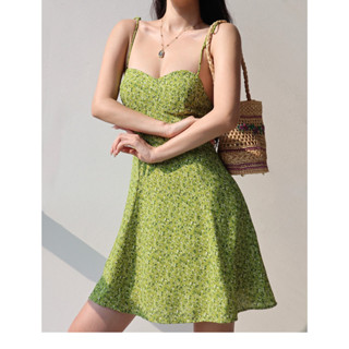 美式清新綠色印花吊帶洋裝女夏收腰顯瘦A字洋裝