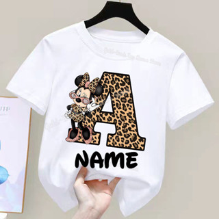 新款米妮女童 T 恤 26 個字母 A-z 豹紋字母兒童衣服卡通英文字母 T 恤短袖兒童夏季上衣