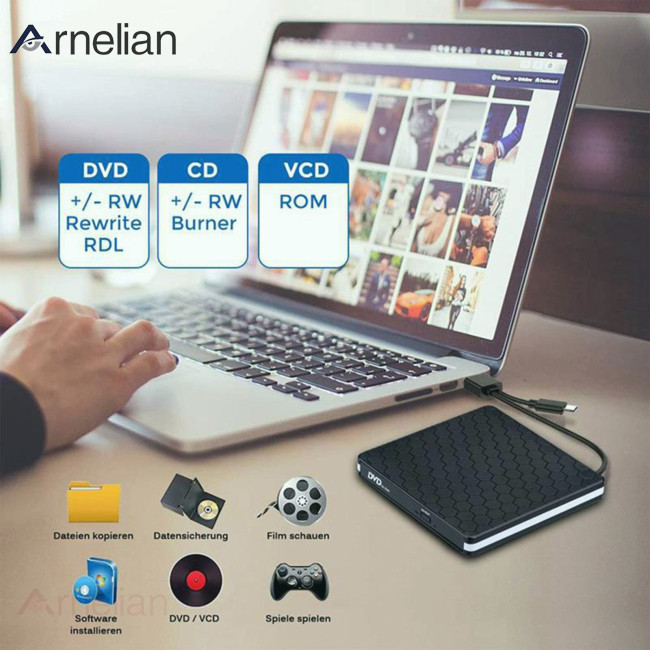 Arnelian 雙接口 Type-c 3.0usb 外置光驅 Cd/dvd/vcd 刻錄機播放器閱讀器便攜式移動光學