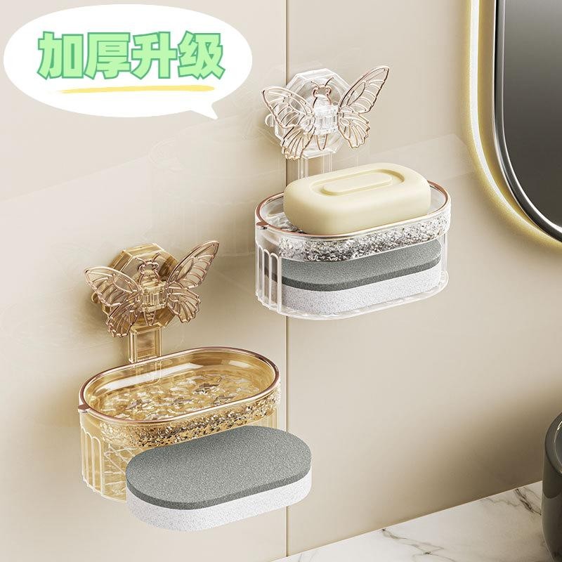 輕奢創意蝴蝶吸盤肥皂盒置物架家用廚房衛生間壁掛式雙層瀝水架