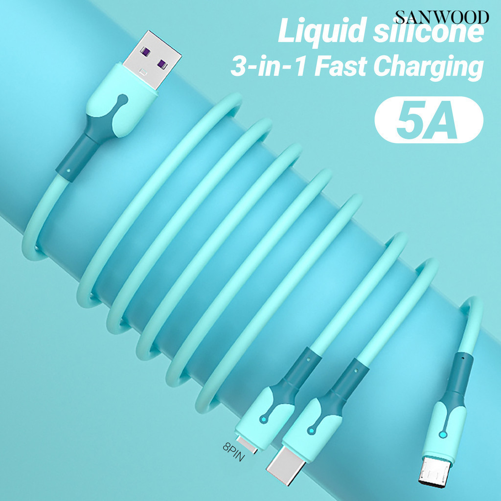 [3C配件]親膚矽膠帶燈一拖三5A快充數據線適用於安卓華為蘋果三合一充電線