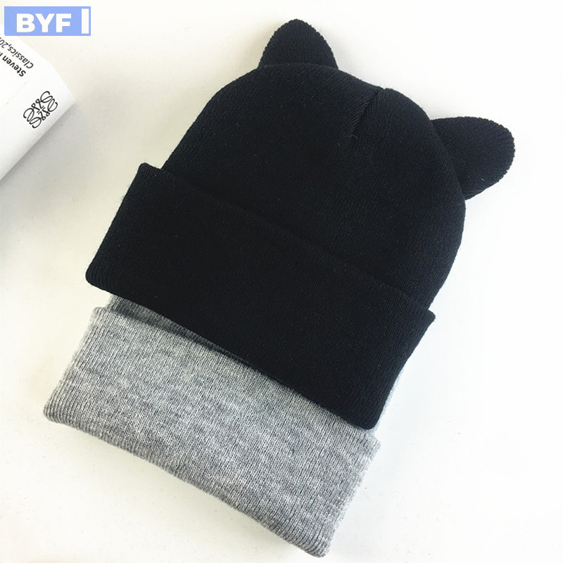 [BYF] 可愛保暖冬季休閒骷髏豆豆帽子熱門時尚設計羊毛帽帽子灰色白色可愛貓耳朵針織帽新款