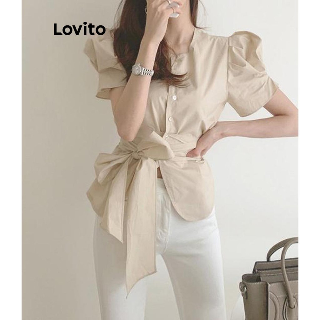 Lovito 女款優雅素色正面抽繩襯衫 LNE46409