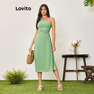 Lovito 女士休閒素色不對稱抽繩繫帶洋裝 LBA05081 (綠色)