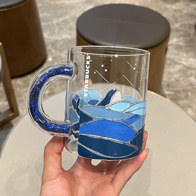星巴克藍色海洋鯨魚玻璃杯大容量透明帶把手男女耐熱咖啡水杯