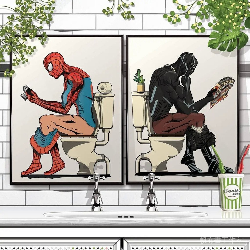 MARVEL 有趣的漫威海報和版畫、蜘蛛俠和黑豹帆布畫在浴室、浴室海報、家居裝飾