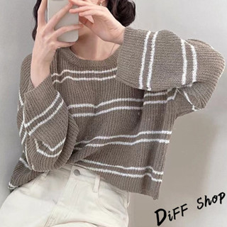 【現貨速發】 【DIFF】韓版薄款寬鬆條紋針織上衣 長袖上衣 女裝 衣服 寬鬆上衣 顯瘦上衣 長袖t恤 毛衣 防曬上衣【