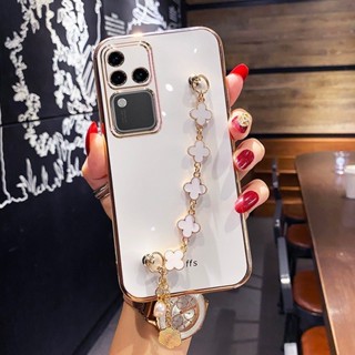 適用於 VIVO V30 Pro V30 5G 2024 新款時尚手機殼帶葉子手鐲後蓋粉紅色黑色軟殼