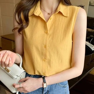 2025雪紡無袖襯衫女夏新款氣質百搭純色襯衣寬松洋氣打底背心上衣 顯瘦短袖襯衫 遮肉上衣 大碼女裝