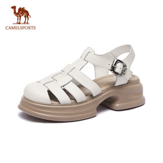 Camel SPORTS 真皮復古鏤空鞋頭編織厚跟鞋底羅馬鞋女涼鞋