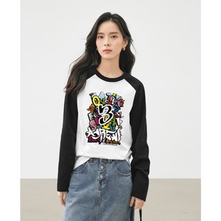 【臺灣出貨】XH 純棉打底衫女 秋季新款黑白撞色插肩袖寬鬆百搭長袖T恤 印花T恤 大碼上衣 YS1T