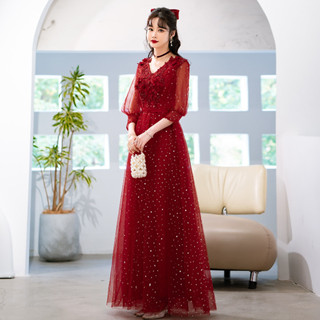 2025新款酒紅色洋裝晚禮服訂婚大碼胖MM洋裝200斤可穿加大尺碼6XL裙女成人禮生日主持人法式長袖宴會結婚新娘晚禮服長