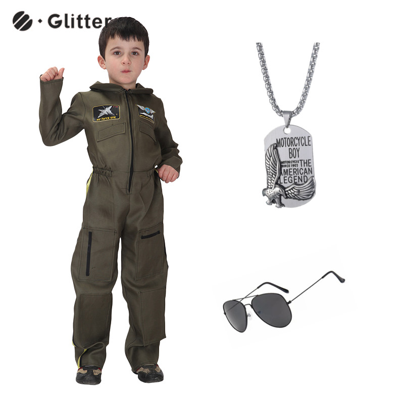 兒童空軍飛行員飛行宇航員角色扮演服裝兒童男孩女孩長袖綠色太空連身衣制服項鍊眼鏡士兵男嬰工作服兒童全套