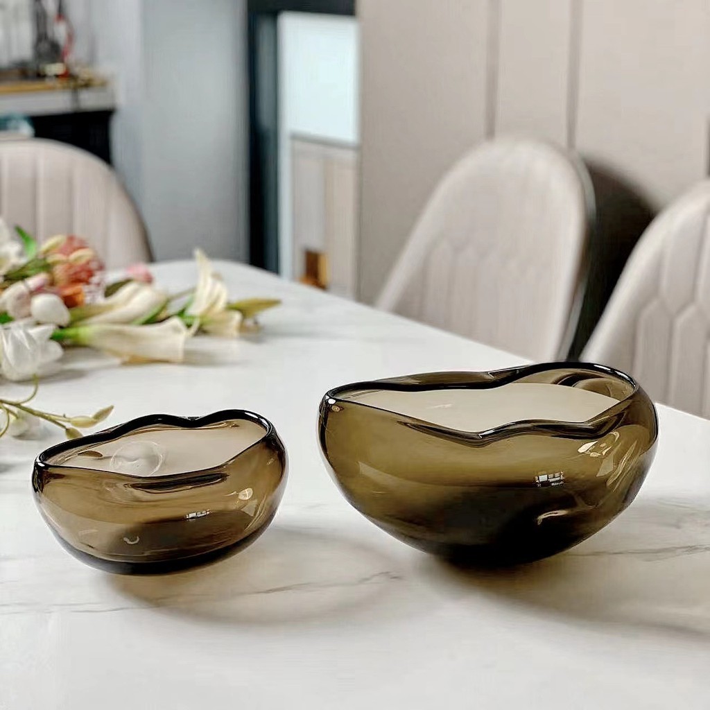 HJM-義大利設計卡其色琉璃擺件玻璃果盤客廳茶几樣板裝飾間插花器 QRIV