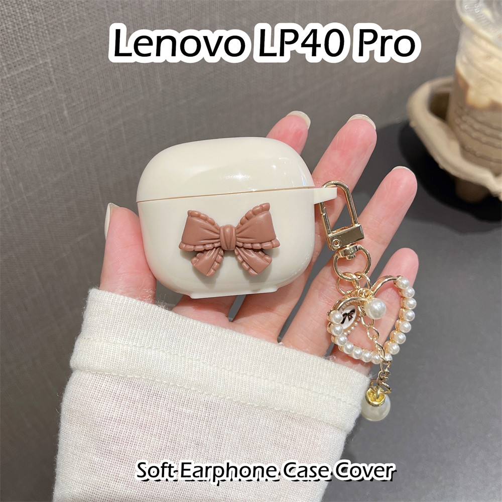 LENOVO 【快速發貨】適用於聯想 Lp40 Pro 保護套奶油色風格蝴蝶結裝飾軟矽膠耳機套保護套