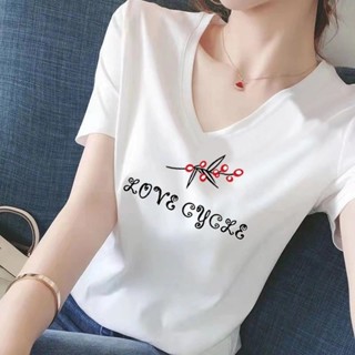 韓版v領短袖t恤女|時尚印花上衣|夏季新款半袖T恤|寬松大碼上衣|女士百搭體恤|簡約通勤上衣|百搭打底衫