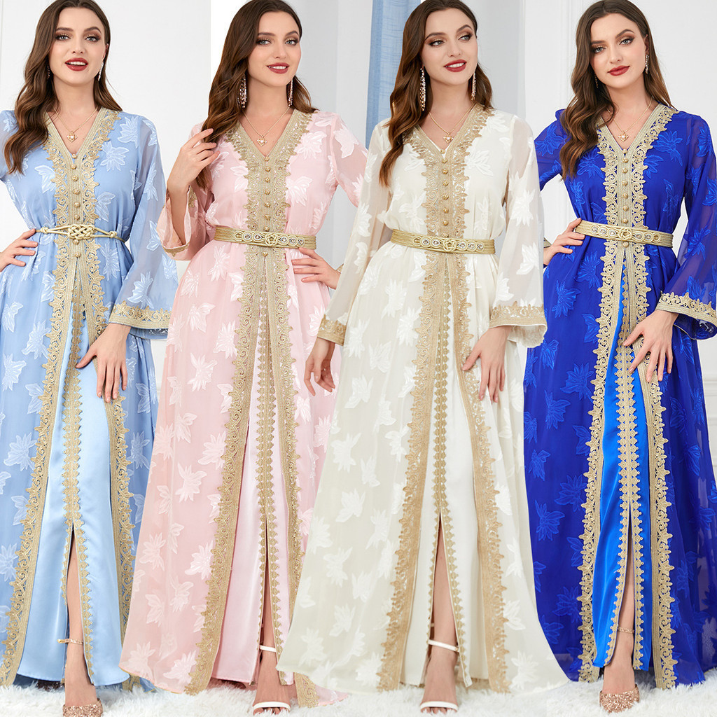2024中東阿拉伯服飾abaya女裝V領長袖歐美外貿兩件套跨境洋裝子