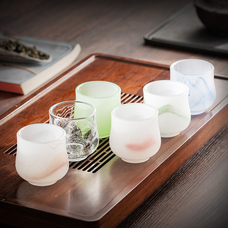 中式琉璃主人杯單杯玉瓷水墨風品茗茶杯子素色玻璃茶盞90ml白玉瓷