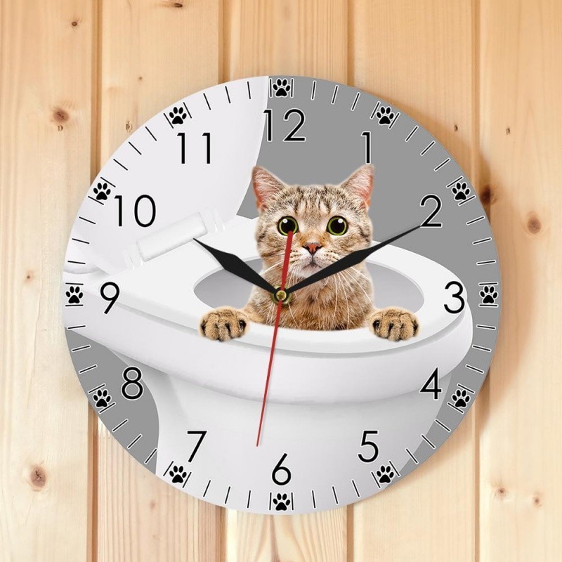 創意動物寵物裝飾時鐘 可愛貓咪廁所馬桶貓咪掛鐘 家居無聲掃秒時鐘 30cm