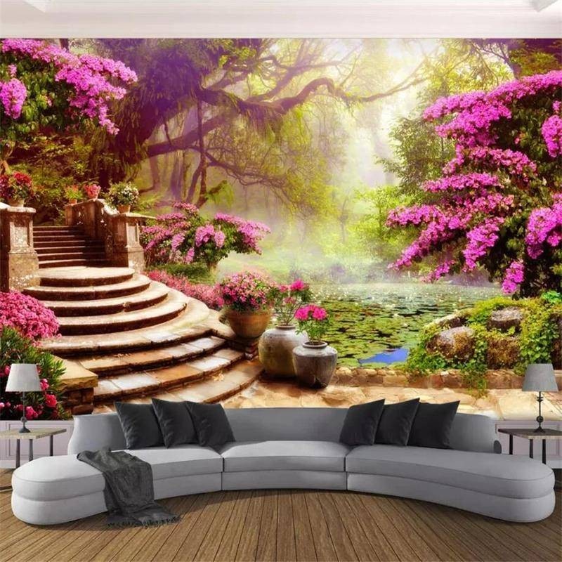 定制花園梯子風景3d照片壁紙壁畫電視沙發背景牆客廳裝飾自粘牆紙家居裝飾貼紙
