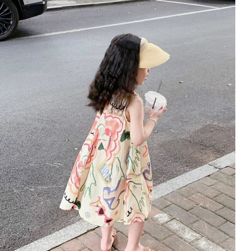 女童裝夏天2024新款女寶韓版藝術塗鴉洋裝連身裙兒童卡通無袖凉爽透氣天絲棉洋裝