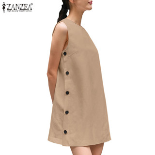 Zanzea 女式韓版復古簡約無袖側扣圓領寬鬆連衣裙
