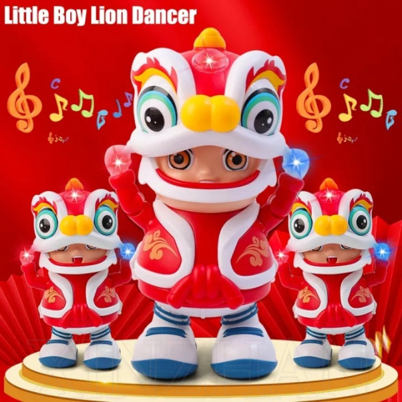 可愛的電動搖擺跳舞機器人 - 卡通舞獅男孩發光玩具 - 中國風趣味音樂復古娃娃新年禮物 - 節日玩具禮物、學校獎勵課程