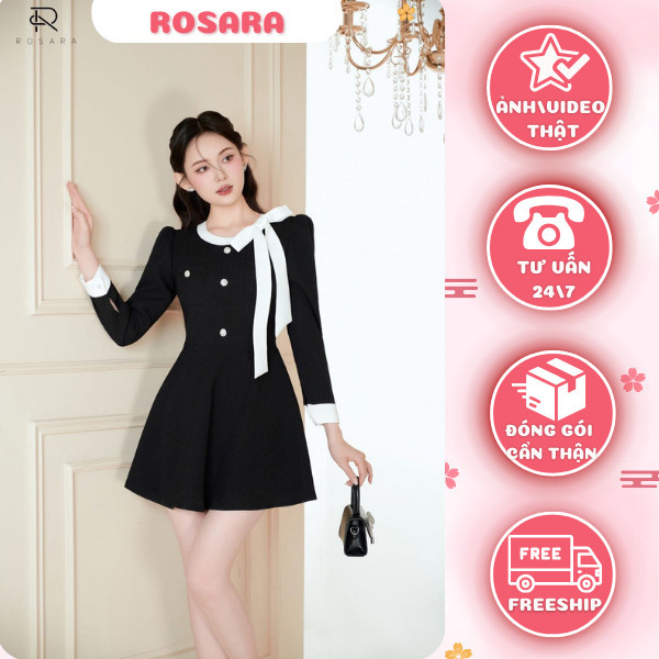 Rosara {V07} - 白色蝴蝶結領設計和石頭鈕扣 Tex Glitter 女士風格的黑色長袖連衣裙