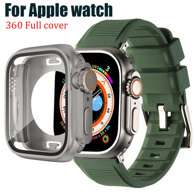360 全防水錶殼+矽膠錶帶更換為超保護錶帶兼容 Apple Watch 9 8 7 6 5 4 SE iWatch 4