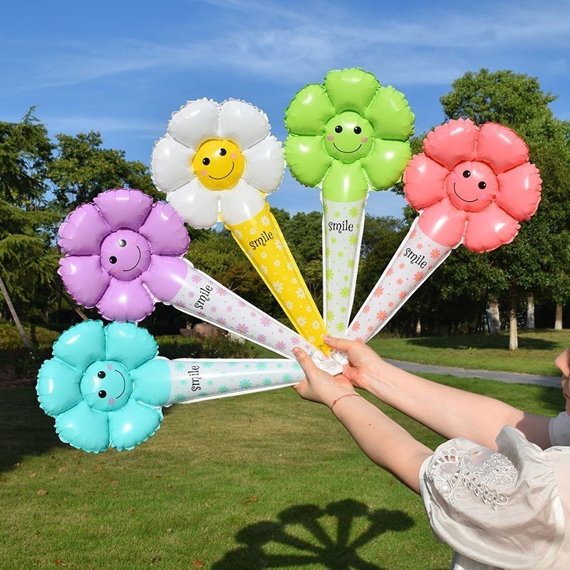 ⋞花朵氣球⋟現貨 ins小雛菊笑臉太陽花手持氣球棒打擊棒兒童生日玩具批發擺地攤