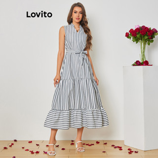 Lovito 女士休閒條紋布料拼接束帶洋裝 LBL08410