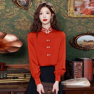 乘法 上衣 新中式刺繡盤扣襯衫女裝長袖新款國風紅色襯衫立領漢服女 WW