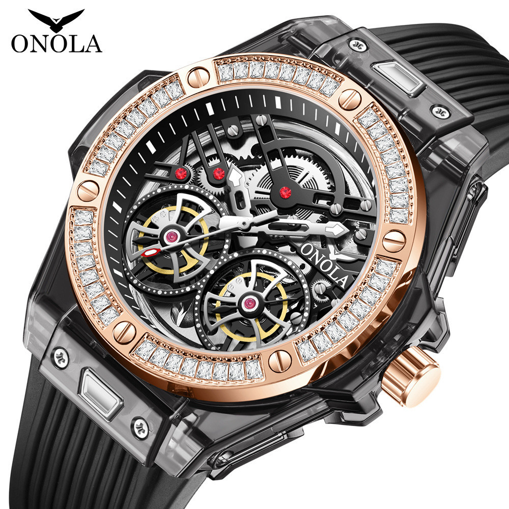 ONOLA時尚透明殼男士手錶  新款鑲鑽全自動機械防水膠帶男士手錶 ON3835D