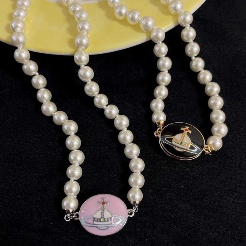 Vivienne Westwood 百搭麗莎同款琺瑯琺瑯珍珠土星磁扣項鍊鎖骨鏈晚裝項鍊土星