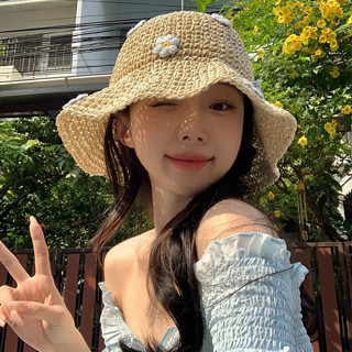 韓國可愛藍花草帽女夏季遮陽鏤空漁夫帽