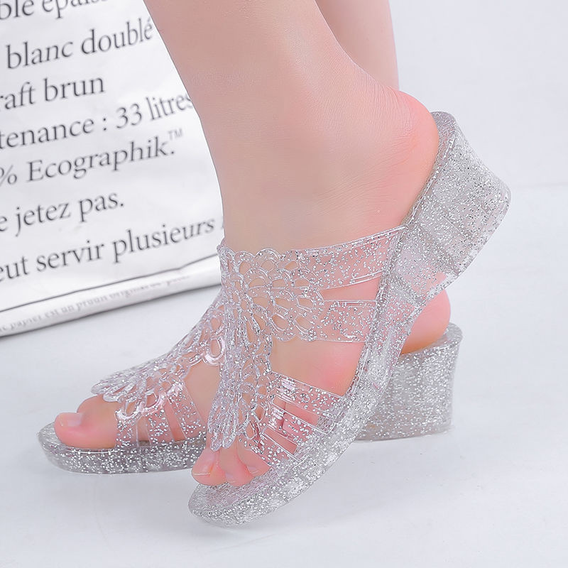«水晶拖鞋» 現貨  涼鞋 女夏季2023水晶塑膠 涼鞋 高跟厚底女涼 拖鞋 媽媽坡跟室外涼 拖鞋