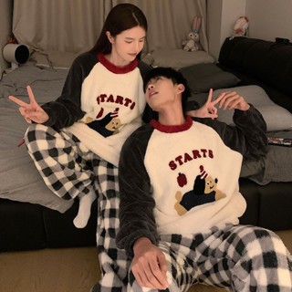 秋冬季珊瑚絨情侶睡衣女法蘭絨卡通可愛男士保暖家居服套裝 珊瑚絨睡衣 大尺碼 情侶睡衣 睡衣 睡褲 家居服 保暖 四季沐歌
