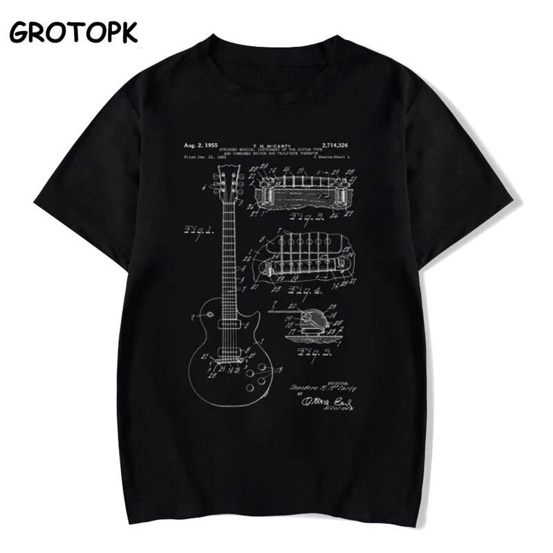 Gibson Les Paul 吉他專利白色新款 100% 棉 T 恤藝術設計印花上衣和 T 恤時尚休閒 T 恤男女皆宜