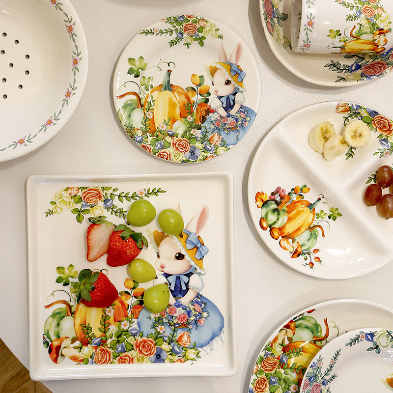 微波爐可用陶瓷餐具卡通兔子和南瓜餐盤可愛蛋糕盤杯子罐子牛排盤魚盤水果盤