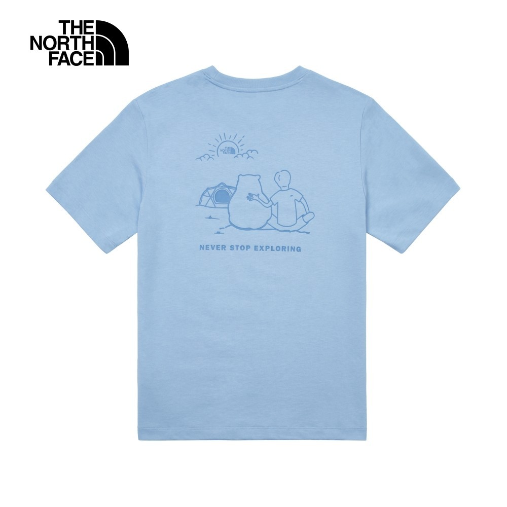 The North Face北面男女款藍色背部趣味品牌LOGO印花休閒短袖T恤｜8AUVQEO