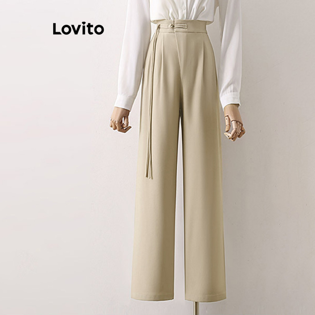 Lovito女款優雅素色鈕扣褶襉長褲 L80ED225
