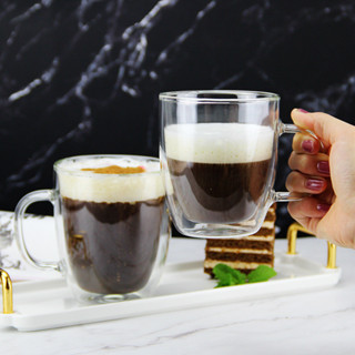 500ml大容量雙層隔熱咖啡杯帶把手人工吹制耐熱水杯跨境玻璃杯子