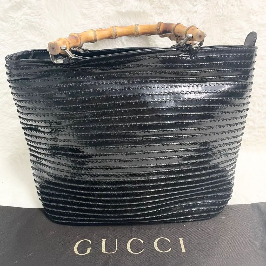 GUCCI 古馳 托特包 竹節系列 黑色 皮革 漆皮 mercari 日本直送 二手