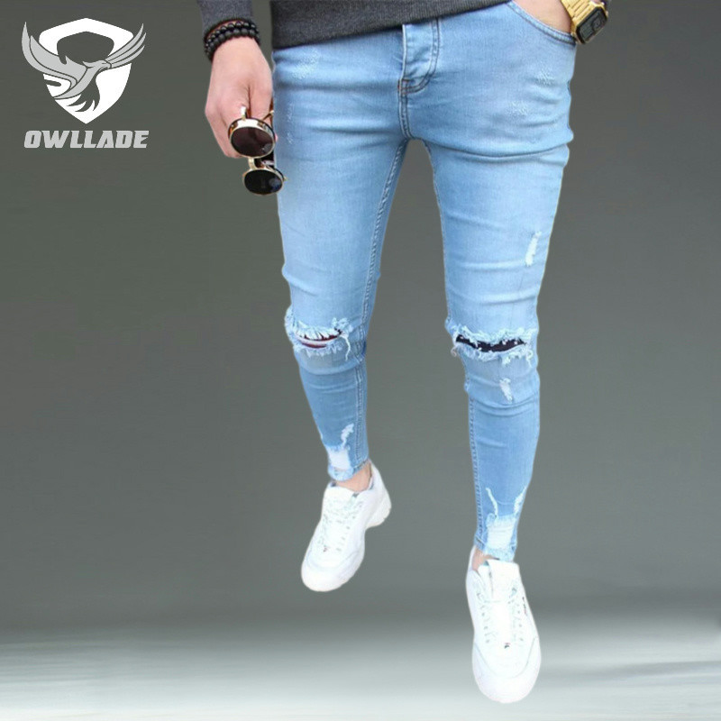 Owllade 男式破洞緊身修身牛仔褲 1976 年淺藍色可拉伸